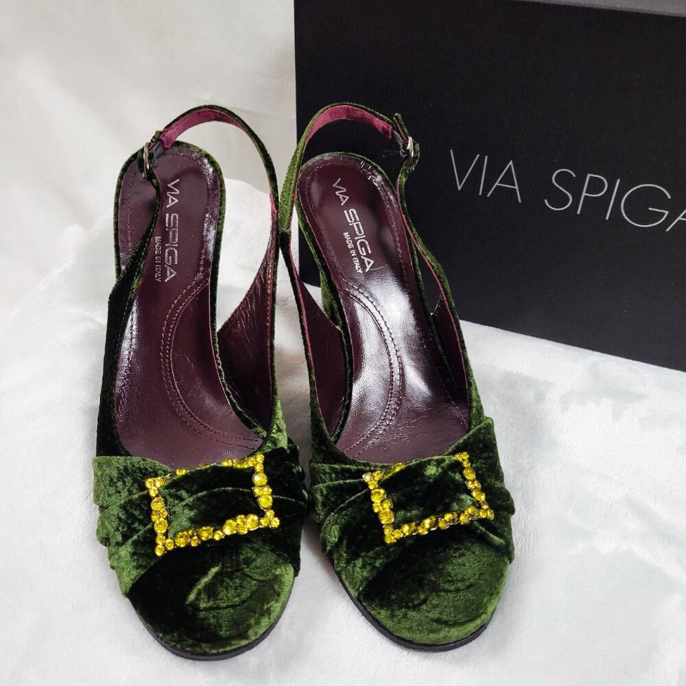 Via Spiga Dark Green Velvet Python Slingback Pump… - image 2